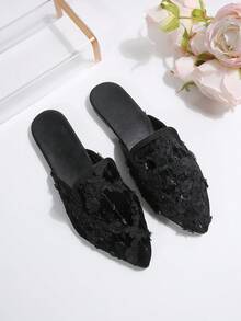 Mocassins mules plats demi-Glissant à bout pointu pour femmes, grande taille 36-43, coupe large, mode printemps/automne, faciles à enfiler, semelle souple, confortables et polyvalents, noirs avec fleur en dentelle - fleurs en dentelle noire - Voir 6