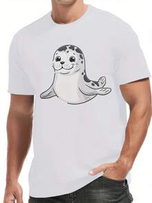 Camiseta Casual de Verano para Hombre con Diseño de Foca de Dibujos Animados - Poliéster Transpirable, Cuello Redondo, Lavable aáquina - Blanco - Ver 1