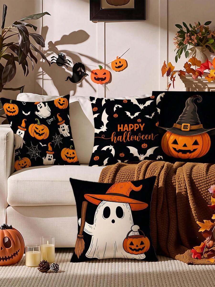 4pcs Halloween Pillow Covers, Polyester Material, Suitable For Living Room, Ghost, Bat, Pumpkin Pattern Decorative Cushions (18x18 Inches), Suitable For Room, Halloween Decoration (Pillow Insert Not Included)
