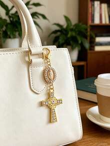 Christian Cross Pendant Keychain, Decorated With Pearls And Diamonds, Can Be Used As Amulet, Cross Keychain, Bag Charm, Cross Pendant, Wallet/Backpack Decorative Accessory, Earphone Case Accessory, Suitcase/Car Decorative Keychain With Ring Buckle - Multicolor - View 7