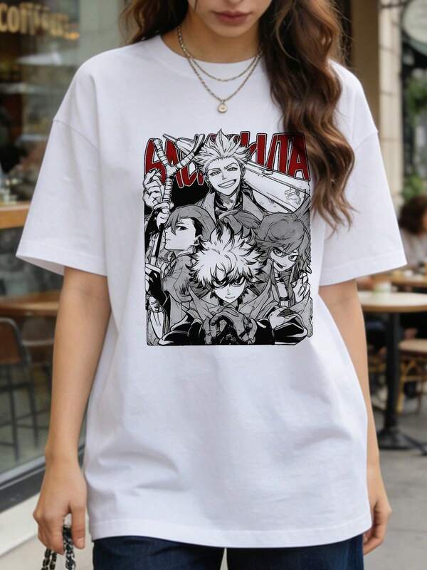 Camiseta de manga corta con cuello redondo suave y casual de verano para mujer, estampado gráfico de grupo de personajes de anime japonés de dibujos animados, adecuada para uso diario.