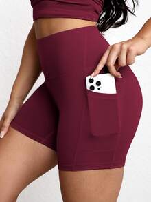 Women's Summer Solid Color Butt-Lifting Pocket Shorts, High Waist Tummy Control, Suitable For Fitness, Yoga, Running, Gym, Tennis Sports - Red - View 2