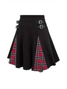 Talla Grande - Talla Grande - Falda Mini A-Line de Talle Alto con Botones y Diseño de Cuadros Gótico - Cuadros Negros + Rojos - Ver 3