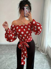 Elegant Women's Off-Shoulder Blouse With Polka Dots And Front Bow - Puff Sleeves, Round Neck, White, Machine Washable, Ideal For Casual Or Semi-Formal Wear In All Seasons - [紅色的] - 查看 5