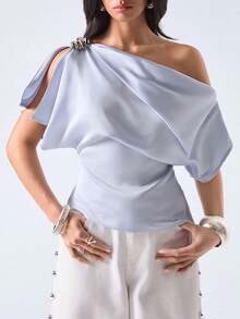 2026 Blusa elegante de mujer con cuello asimétrico y cintura ceñida, para verano - Celeste - Ver 1