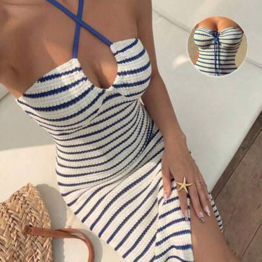 dahkjdgajy Vestido de verano sexy, de estilo europeo y americano, para playa, fiesta y vacaciones, con escote de bandeau a rayas, cintura con lazo y silueta esbelta - Azul - Ver 1
