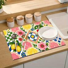 1pc Dish Drying Mat, Coffee Machine Mat, Lemon Grapefruit Cherry Floral Geometric Plaid Patchwork Polyester Fiber Absorbent Mat, Durable, Strong Water Absorption, Suitable For Dining Table, Cafe, Multi-Purpose Drainage Mat, Home Gift, Tabletop Decor - XYLSD-453 - View 7