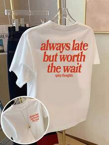 Unisex Short-Sleeved T-Shirt With Front And Back Print - Slogan "Always Late But Worth The Wait" And Original Idea, Casual Crew Neck T-Shirt Suitable For Spring And Summer Outfit - 後退 - 查看 7