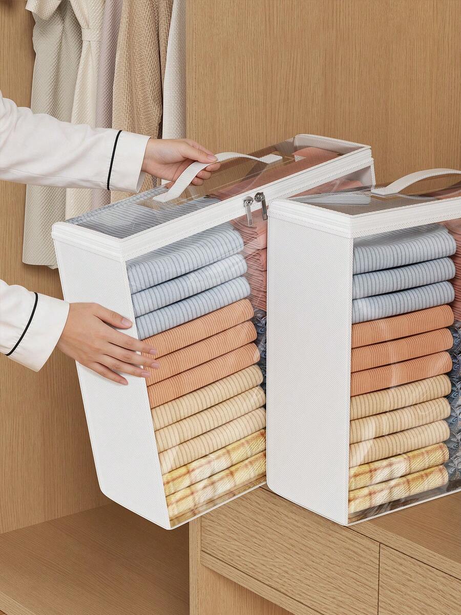 1pc Transparent Front-Flip Foldable Clothes Storage Box, Large Capacity Zipper Handle Organizer Bin, Odorless, Waterproof, Space-Saving, Suitable For Wardrobe, Bedroom And Dorm - Clear - View 1