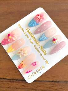 10Pcs Summer 3D Flower Press On Nails, Handmade Nude Pink Blue Almond Fake Nails With Bubble Design, Reusable Nail Tips For Beach Travel & Casual Daily Use - Pink - View 2