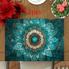 1/2/4/6/8入 藍綠金曼陀羅印花餐墊，18"*12"(45*30cm)，2款華麗花卉與大理石花卉設計，100%聚酯纖維防水防污耐熱可機洗餐桌墊，適用於居家、餐廳、B&B - 彩色 - 查看 14