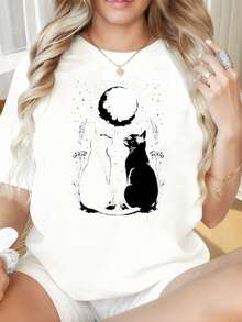 Camiseta Casual de Mujer con Cuello Redondo y Mangas Cortas, Divertido Estampado de Gato, Luna y Estrellas, Camiseta Casual de Manga Corta para Mujer con Diseño Místico para Uso Diario, Adecuada para el Día de San Valentín, Navidad, Fiestas, Actividades Deportivas, Fiestas de Vacaciones, Salidas, Deportes y Otros Regalos Festivos. Moda - Blanco - Ver 1