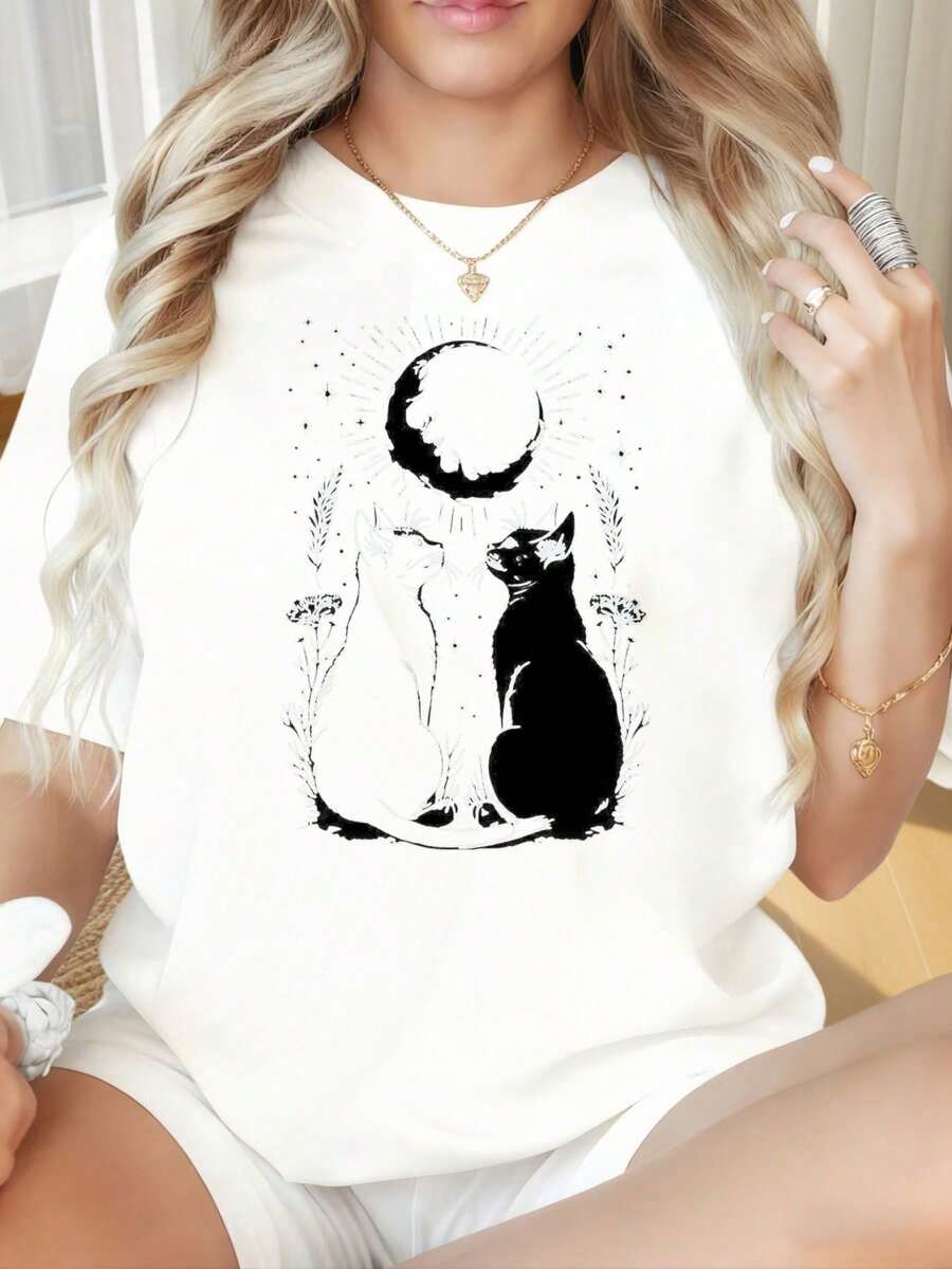 Camiseta Casual de Mujer con Cuello Redondo y Mangas Cortas, Divertido Estampado de Gato, Luna y Estrellas, Camiseta Casual de Manga Corta para Mujer con Diseño Místico para Uso Diario, Adecuada para el Día de San Valentín, Navidad, Fiestas, Actividades Deportivas, Fiestas de Vacaciones, Salidas, Deportes y Otros Regalos Festivos. Moda - Blanco - Ver 1
