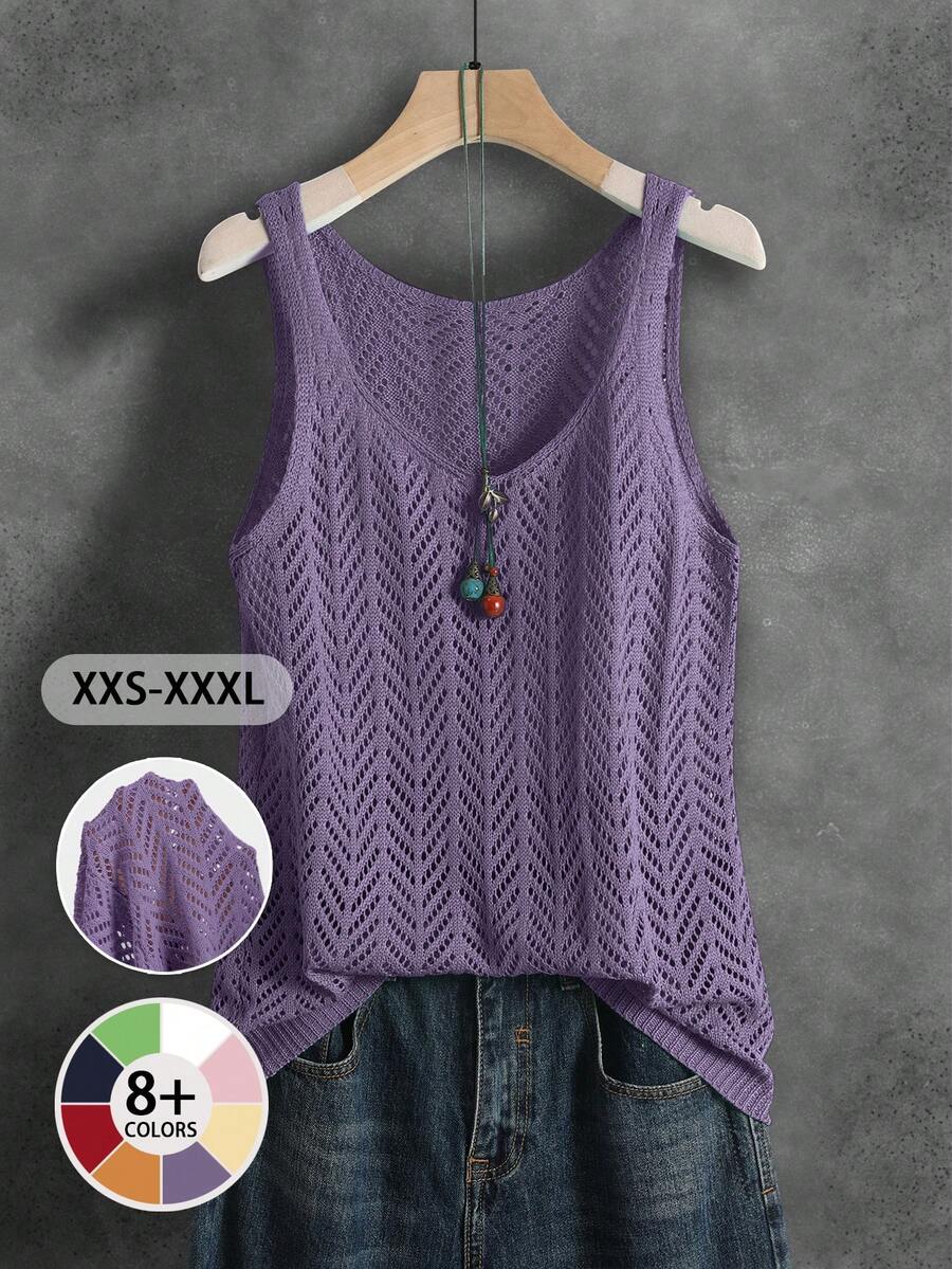 Women's Summer Hollow Breathable Versatile Solid Color Knitted Openwork Ribbed Sleeveless Vest, Suitable For Sports, Fitness, Daily Wear, Summer Vacation, Casual, Unisex, Soft And Comfortable, Spring/Summer - Purple - View 1