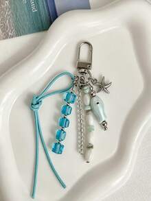 Coastal Denim Girl Starfish Bag Charm - Silver Starfish & Blue Bead Keychain, Ocean Theme Handbag Pendant, Summer Y2K Independent Nautical Accessory For Women, Silver Spiral Starfish Bag Charm, Blue Crystal & Fish-Shaped Bead Handbag Pendant, Bohemian Style Backpack Charm, Suitable For Vacation & Daily Use, Travel, Holiday, Teacher's Day, Birthday And Back To School Gifts - Multicolor - View 3