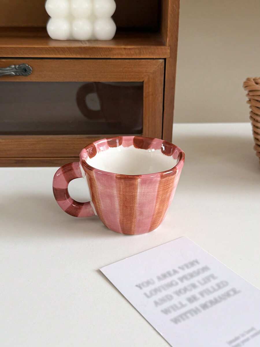 1pc Hand-Painted Striped Espresso Cup, Ceramic Teacup With Rose Pattern, Small Capacity, Suitable For Home Decor And Tableware, Ideal For Afternoon Tea And Black Tea, Tea Tasting Cup, Coffee Brewing Cup For The Dining Room, Lovely Gift, Tactile