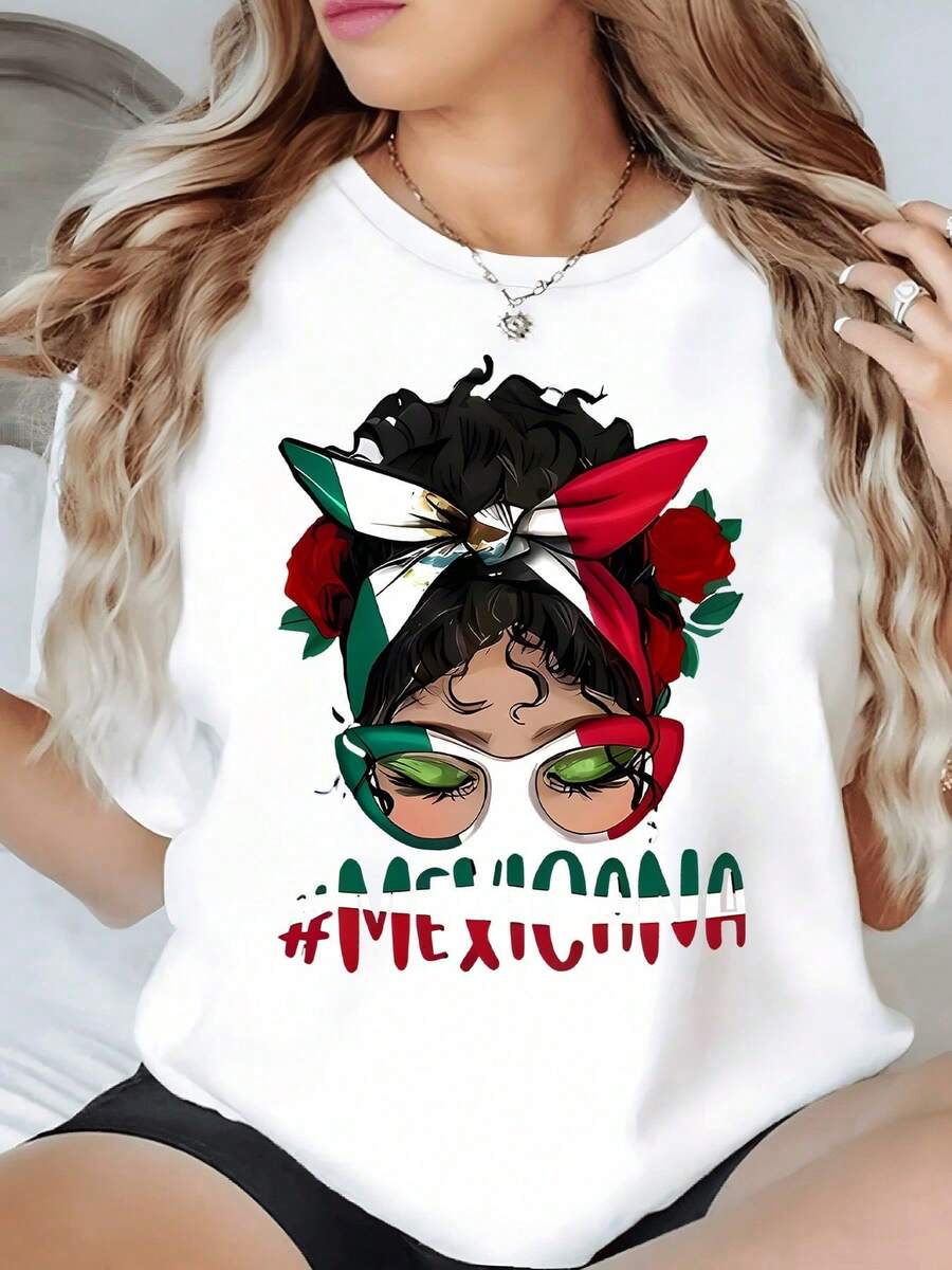 Rosas rojas y verdes junto a un lazo con colores de la bandera mexicana simbolizan orgullo y amor por México camiseta de mujer 100% algodón 180g - Blanco - Ver 1
