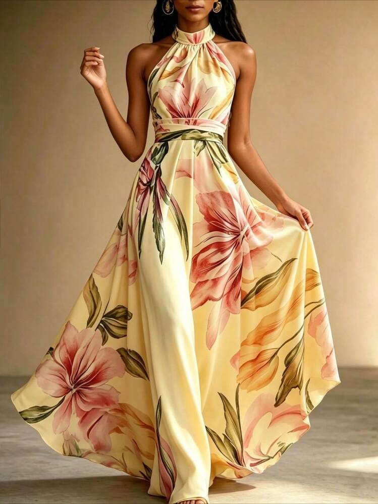 Vestido largo de fiesta con estampado floral, cuello halter, sin mangas, corte en A, estilo veraniego, con bajo asimétrico y volantes. - Amarillo - Añade 1