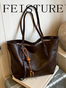 1pc Vintage Large Capacity Commuter Tote Bag, Zipper Closure, Pendant Decoration, Suitable For Daily Outing, Dating, Commuting - Coffee - View 10