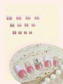 24pcs French Style Nail Tips, Medium Square, 3D Gold Cross Metal Decor, Colorful Plaid Pattern, Fashion Glossy Design, Full Coverage Fake Nails, Suitable For Women And Girls Daily Wear - Multicolor - View 2