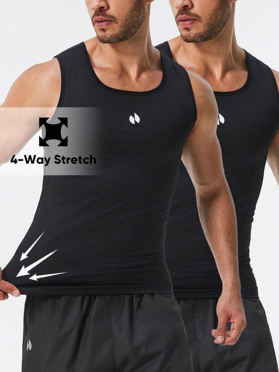HOTSUIT 2pcs/Set Men's Sleeveless Sauna Top Tight Training Tank Top, Suitable For Gym Workout - Black - View 1