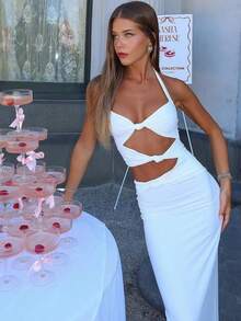 New Plain Halter Dress With Knots And Cutouts - أبيض - مشاهدة 3