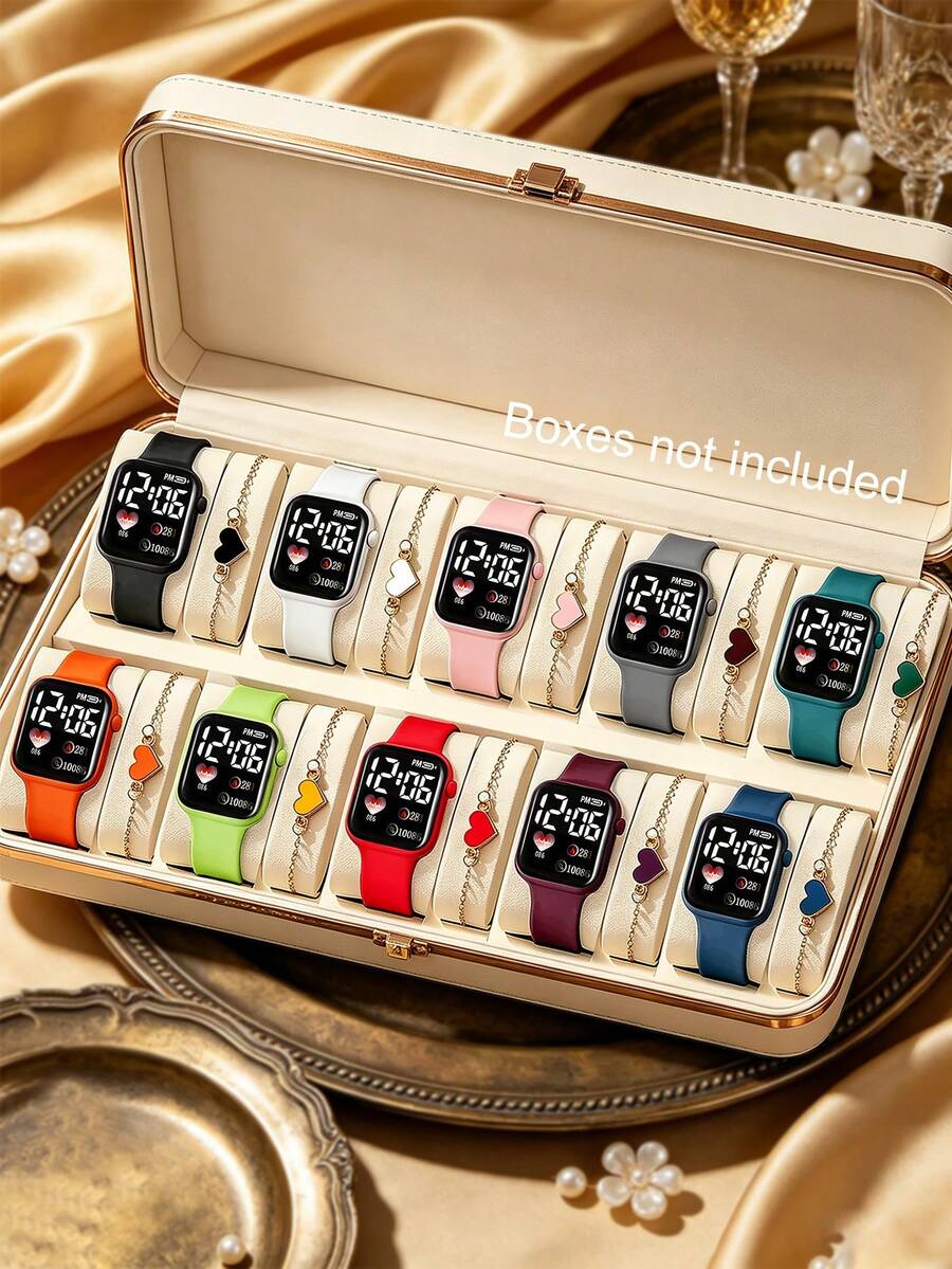 20pcs Set, Sports Girls Square Electronic Watch + Multi-Color Heart Chain Bracelet, Couple, Fashion Accessories (No Box)