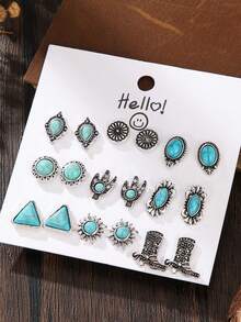 9 pares de pendientes de botón para mujer con patrón geométrico de flores turquesas estilo bohemio vintage personalizados - Conjunto de 9 pares de botas  triangulares color turquesa - Ver 3