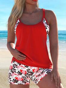 CURVASWIM Women's Floral Print Tankini Swimsuit Set - 紅色 - 查看 9