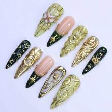 10 Pcs Handmade Press On Nails, Stiletto Shape Fake Nails With 3D Gold Sculpted & Rhinestone Accents, Green & Nude French Tip With Star & Rose Motifs, Reusable False Nail Tips For Women & Girls, Perfect For Parties, Valentine's Day & Daily Wear - 彩色 - 查看 5