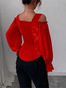 Fashionable Open-Style Design With Long Floral Jacquard Sleeves And Adjustable Shoulder Straps - [Red] - View 3