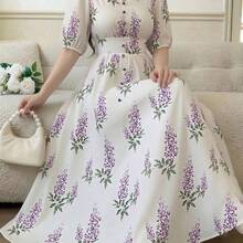 Nuevo vestido de vacaciones con cuello en V, cintura fruncida, estampado floral diminuto y mangas abullonadas, elegante y estilizador . - Multicolor - Ver 4
