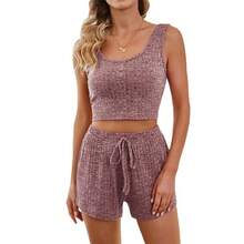 Conjunto de pijama de dos piezas sin mangas para mujer, Chaleco de punto acanalado con botón frontal emparejado con pantalones cortos, para el hogar Color caqui, Verano - múltiple - Ver 1