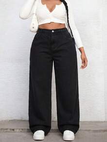 Women Plus Size High Waist Wide Leg Jeans Black Casual Denim Pants - Black - View 3