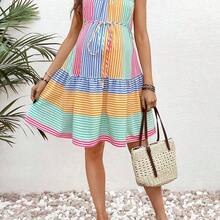 YYRR  Vestido corto casual de maternidad con tirantes finos y diseño de rayas multicolor para mujeres embarazadas - Multicolor - Ver 7