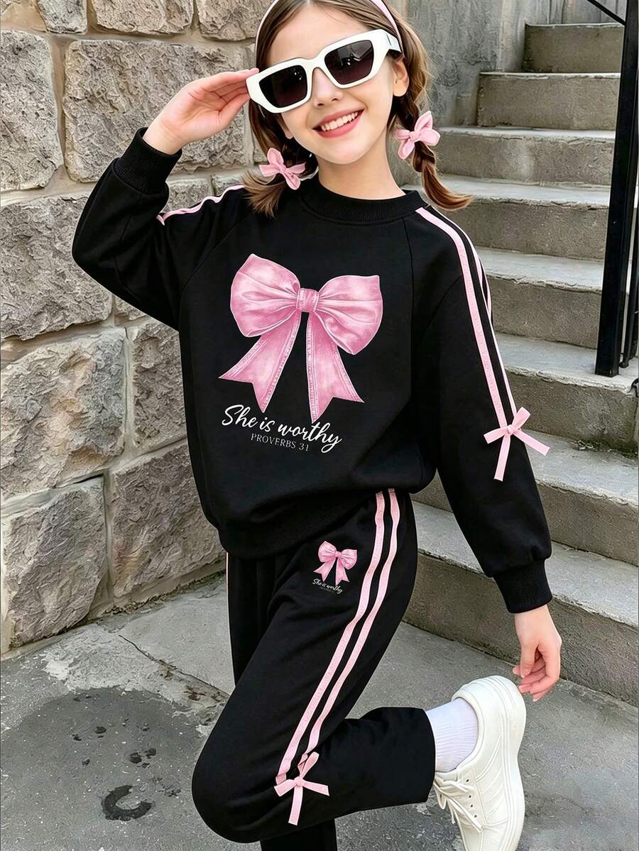 青少年女孩卡通印花圆领运动衫和裤子套装 - 黑色 - 查看 1