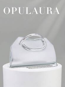 OpulAura 1件裝 女款優雅銀色皮革手提包，奢華天鵝絨晚宴包，適合正式禮服、婚禮、生日派對及畢業舞會 - 銀色 - 查看 3
