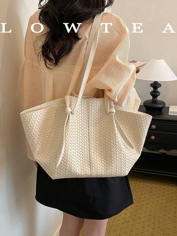 2pcs Low Tea Solid Color PU Leather Shoulder Bag Women Casual Large Capacity Tote Bag, Floral Print, Dual Handle Design With Snap Closure, Suitable For Travel, Shopping, Dating, Women's Gift, Fit For Teenagers, College Girls, And Office Ladies, Ideal For Office, School, Work, Business, Commuting, Outdoor, Travel, Picnic - White - View 1
