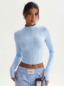 Women's Solid Color Stand Collar Zip-Up Long Sleeve Thumb Hole Minimalist Stylish Sports Jacket - Baby Blue - View 4