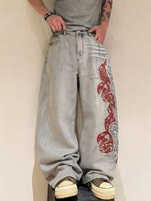 Infinite Jeans 1件裝 香港街頭風 3D刺繡花卉 時尚百搭 男款水洗寬鬆寬腿長褲 (產品不含腰帶及配件) - 灰色 - 查看 9