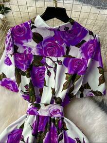 Elegant Women's Floral Print Dress With Short Sleeves, Lapel Collar, And Fitted Waist - Romantic Rose Design, Perfect For Spring Outings, Garden Parties, And Casual Events | Garden Party Dress | Floral Print Dress | Stylish Dress - 磨砂黑 - 查看 4