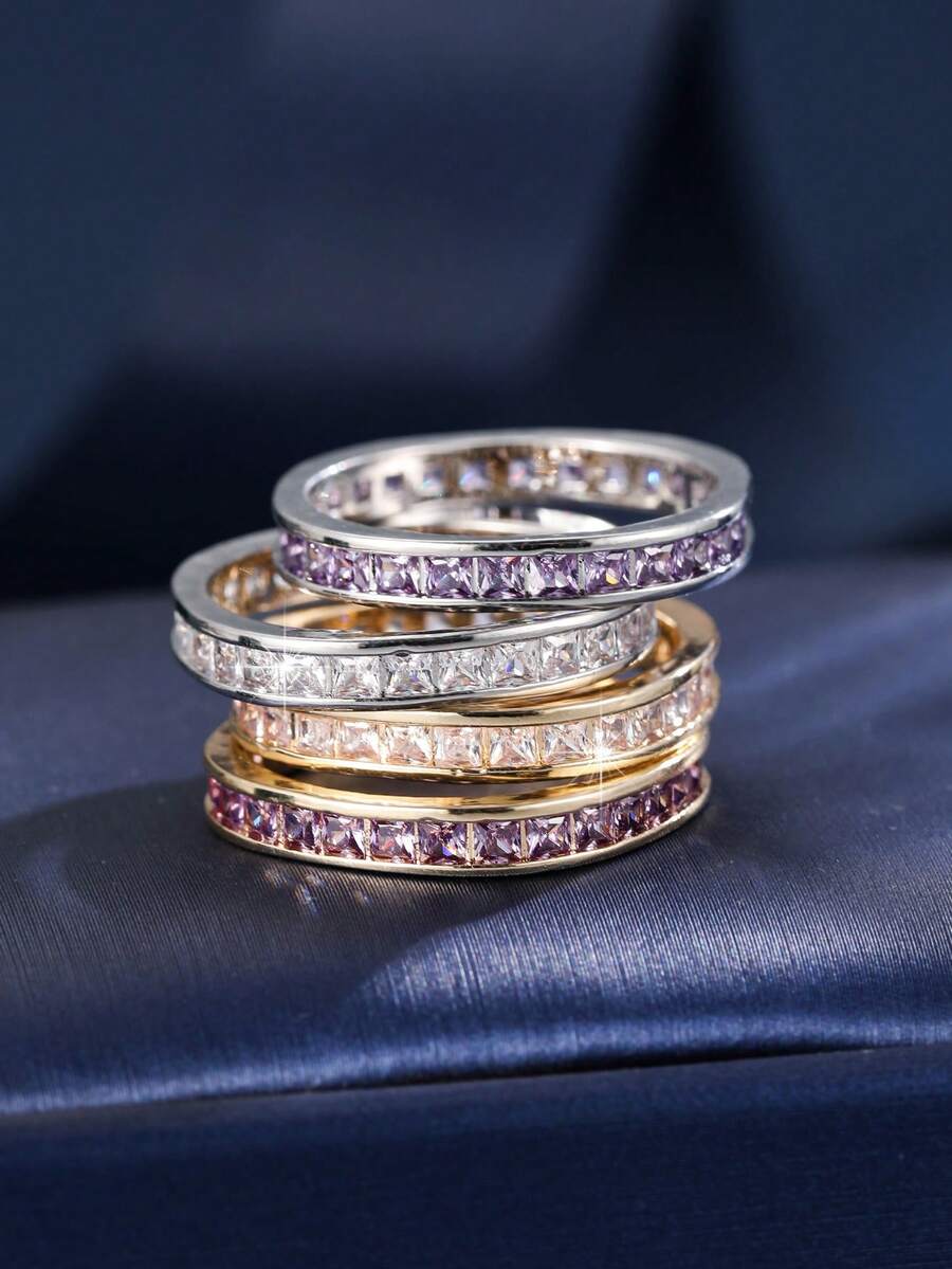 1pc Elegant Minimalist Square Full Zirconia Pave Inlay Ring For Women, Suitable For Daily, Office, Street, And Date Wear - Ring - View 1