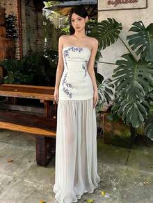 Strapless Dress With Asymmetrical Print - New - White - View 1