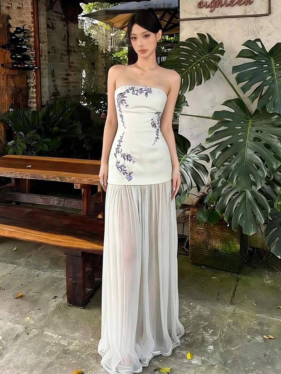 Strapless Dress With Asymmetrical Print - New - White - View 1