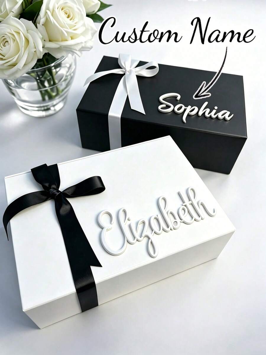 Personalized Gift Box With Lid, Magnetic Decorative Box With Custom Name - Ribbon Closure - Sturdy Cardboard Gift Box For Bridesmaids, Groomsmen, And Wedding Party - Bridesmaid Gift Box, Magnetic Lid Storage Box, Suitable For Wedding Celebrations - Multicolor - View 1