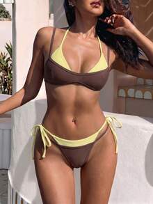 Women's Retro Polka Dot And Striped Bikini Swimsuit, Casual And Fashionable For Vacation, Music Festivals, Cup Races, Kentucky Derby, Summer Beach. - 黃色咖啡色 - 查看 9