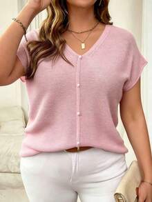 Plus Size Deep V-Neck Knit Top, Semi-Sheer Drop Shoulder Design, Regular Length, Slightly Stretchy Pink Summer - Pink - View 5