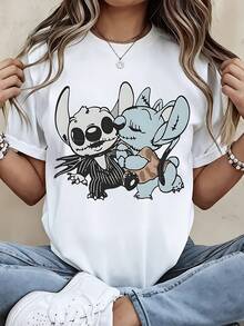 Disney Crew Neck  T Shirt Black Jack Skellington And Stitch Print Casual Wear For Women And Men - 白色 - 查看 2