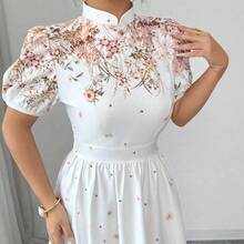 dahkjdgajy  Vestido de verano de mujer con estampado floral elegante, cintura ceñida y mangas abullonadas - Azul - Ver 4