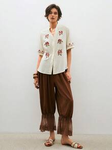 2026 Studio Camisa casual de mujer con decoración de bordado floral de manga corta - Blanco - Ver 1